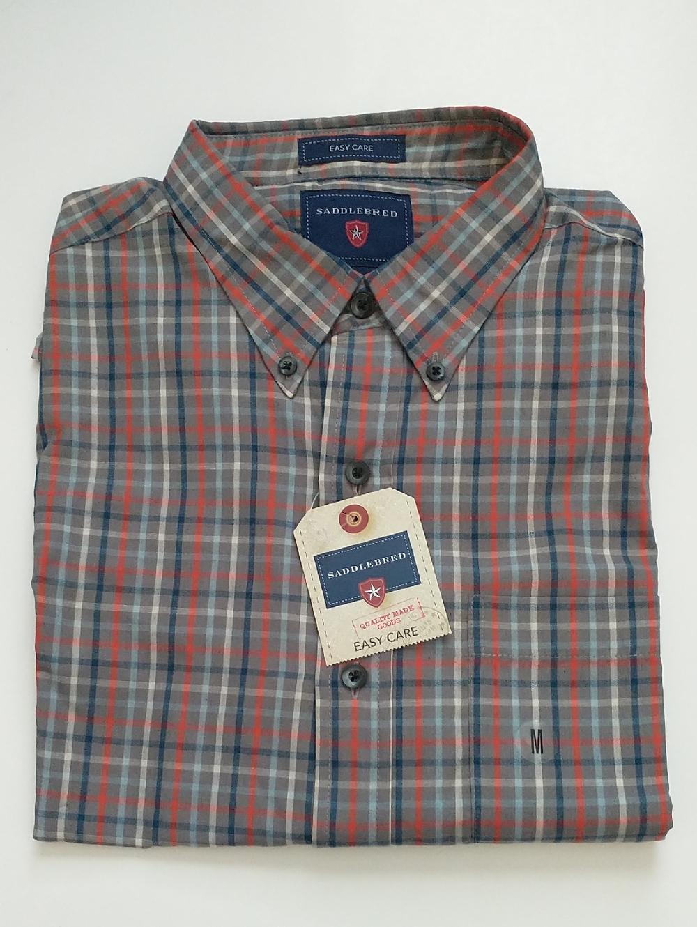 NEW Saddlebred Men's Gray, Red & Blue Plaid Button-Down Shirt. Size M